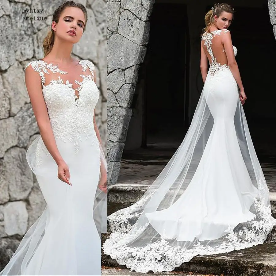 

Fashionable Sleeveless Jewel Neckline Mermaid Wedding Dress 2020 Lace Appliques Train Bridal Dress Illusion Back Wedding Gowns