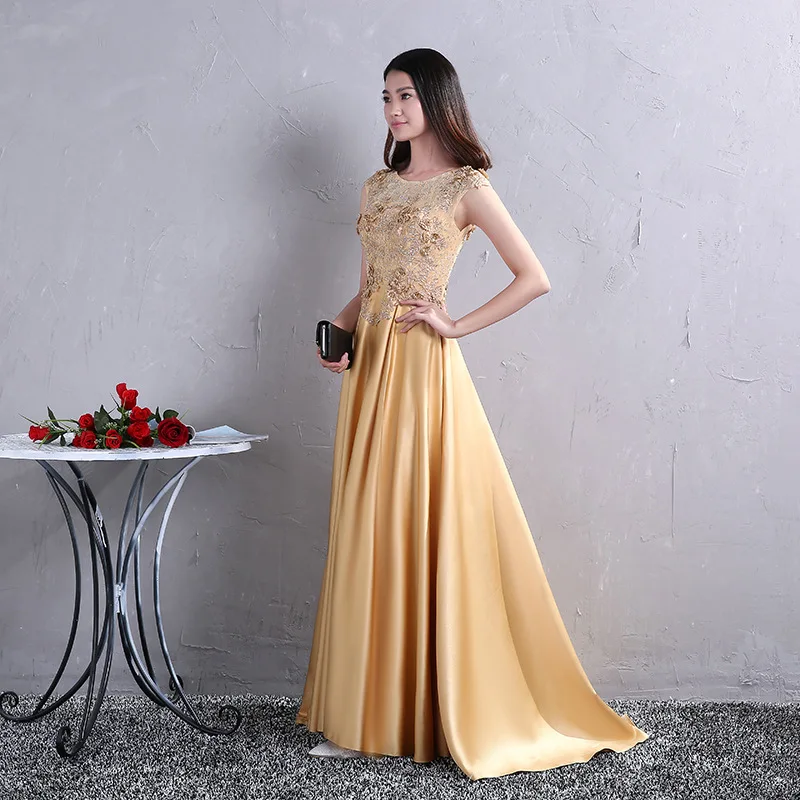 

Золотые Длинные вечерние платья с аппликациями, кружевные, с круглым вырезом, с бусинами, с аппликацией, трапециевидные вечерние платья для ...