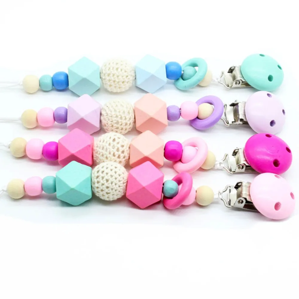 5Pcs Natural Wood Candy Color Pacifier Clip Chain Holder Woven Beaded and Round Chew Toy | Мать и ребенок