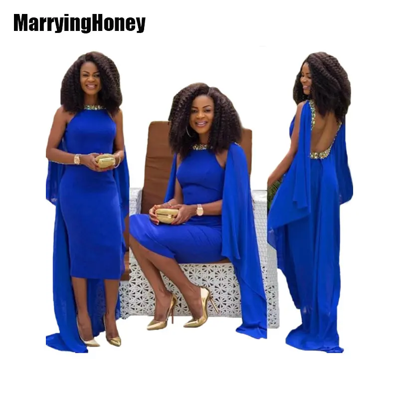 Африканские ярко синие вечерние платья длиной до колена Украшенные бусинами и