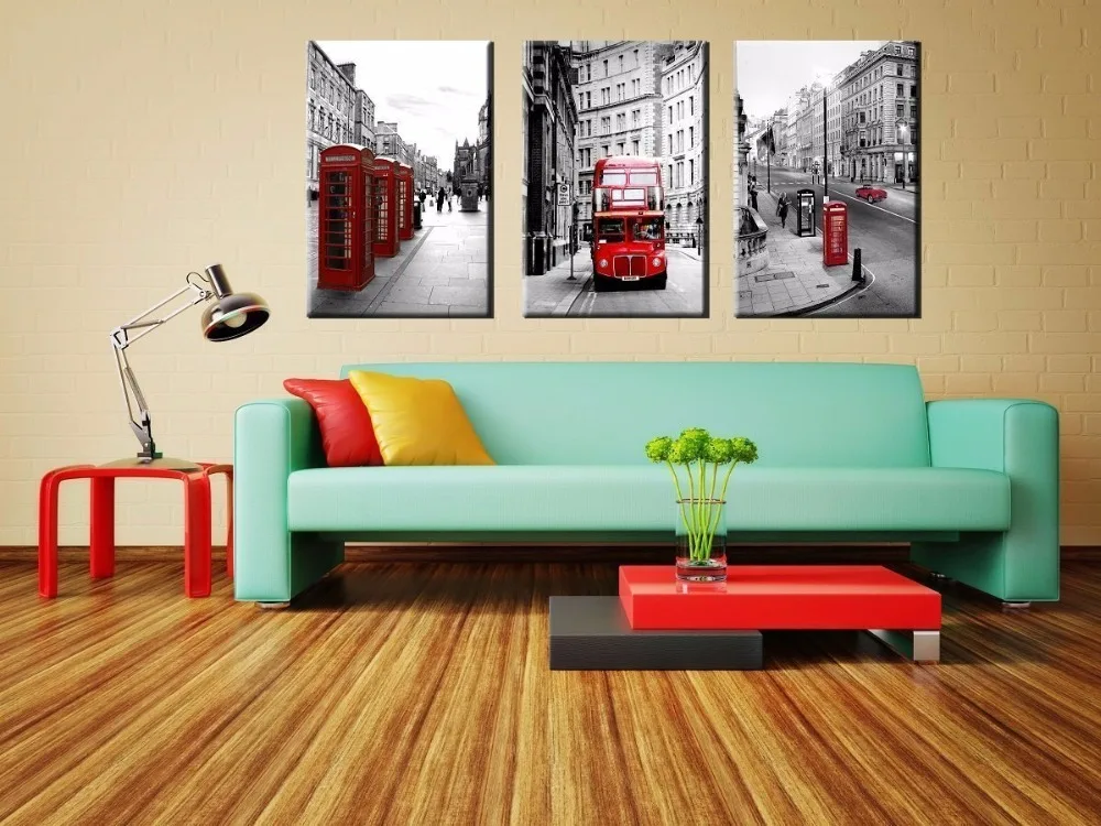 3 Piece Vintage London Street Red Bus Canvas Wall Picture for Living Room Art Landscape Decorative pictures Home Decor | Дом и сад