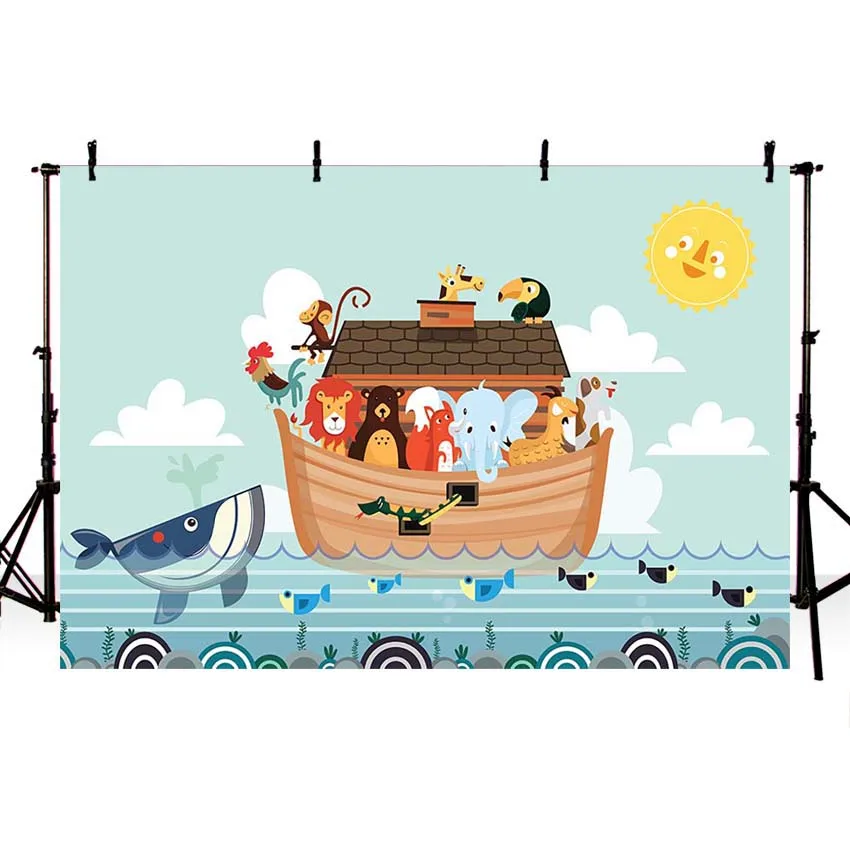 Сиренево-синего цвета Фон для фотосъемки Noah's Ark Noah Animal Boat Wave Giraffe Elephant синее небо море день рождения на заказ Фотостудия - Цвет: Сиренево-синего цвета