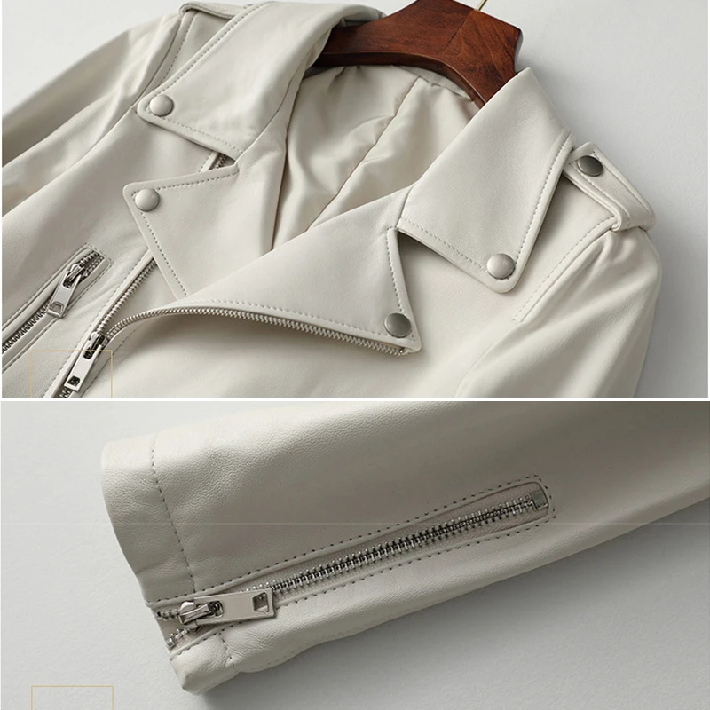 

New Fashion Short Slim Real Leather Jacket Women Brown White Lapel Zipper Genuine Leather Sheepskin Coat Motorcycle High Quality