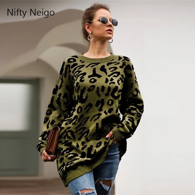 Nifty Neigo Леопардовый принт трикотажная одежда длинный рукав О-образный вырез