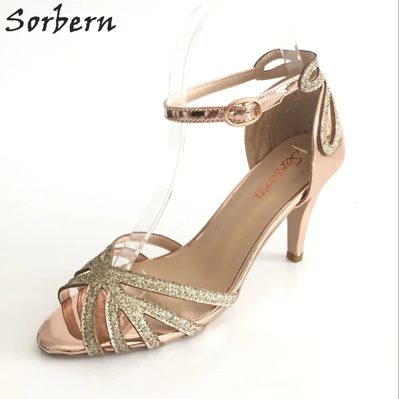 

Sorbern Rose Gold 9cm High Heels Wedding Shoes Summer Sandals Glitter Open Toe Straps Shoes Size 33-46 Customized Service