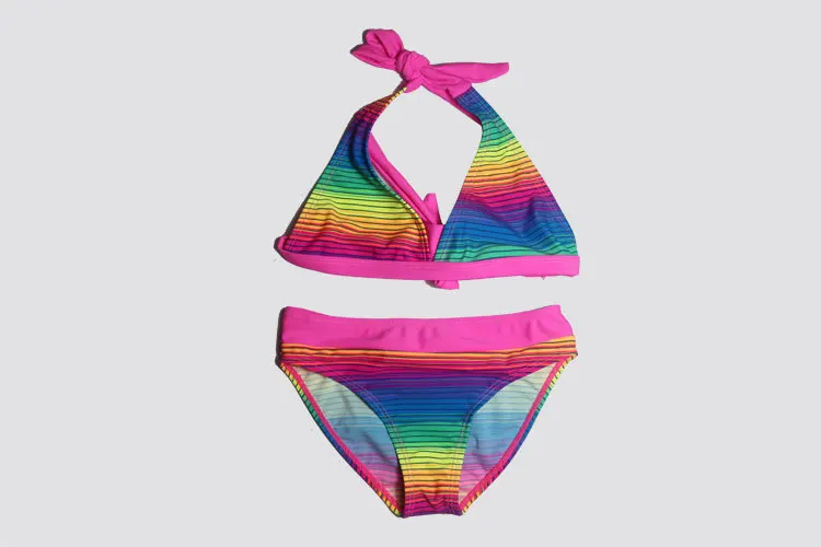 Новинка; купальный костюм радужного цвета для девочек; облегающий купальник в полоску для девочек; детский раздельный купальник; бикини для девочек; пляжный купальник для девочек