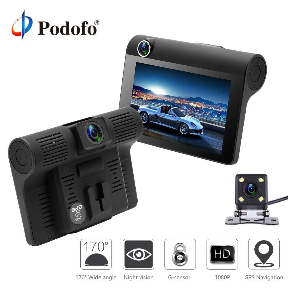 Podofo 4 &quotАвтомобильный dvr камера двойной объектив с камерой заднего вида 3 в 1