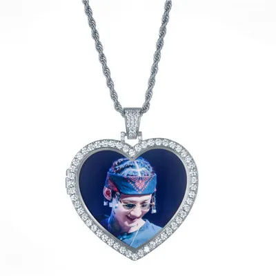 Silver Пользовательские bling Сердце фото медальоны ожерелье и кулон медь с теннисная Цепочка Золото кубический циркон мужские хип хоп ювелирные изделия - Окраска металла: Silver