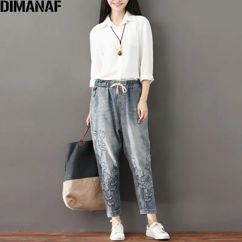 DIMANAF Plus Size Women Jeans Autumn Hole Harem Pants Floral Elastic Waist Show Thin Vintage Capris Pants Blue New Jeans