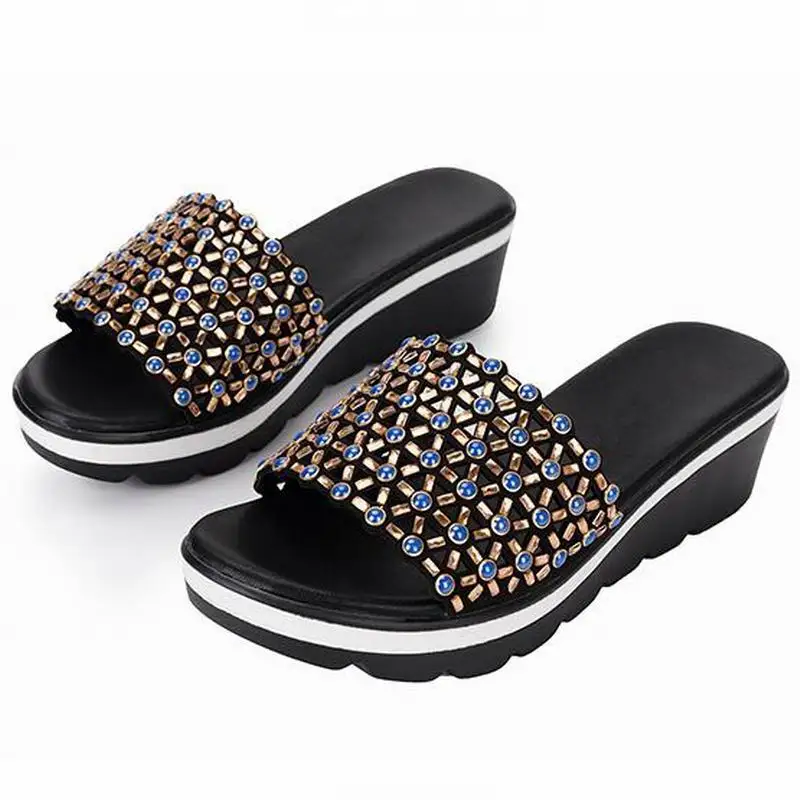 

GKTINOO 2019 Summer women flat platform slippers slides sandals Shoes slip on Crystal flip flop flat wedge sandals