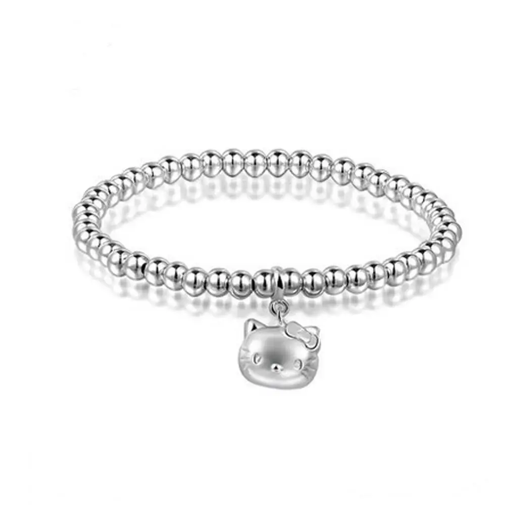 

Jade Angel 5mm Sterling Silver Beads Bracelet with 925 Silver Cat Charm 6.5 inches Valentine's Day Gifts Birthday Gifts