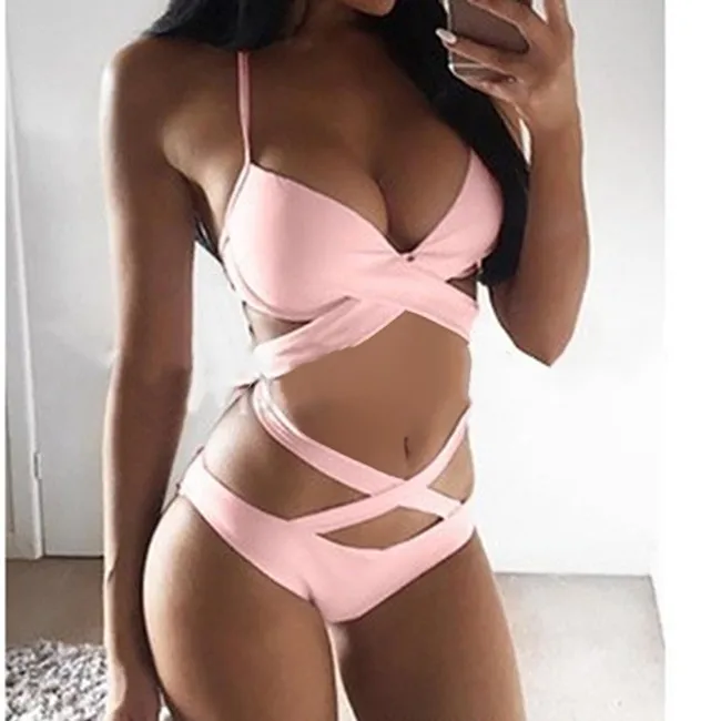 pink Сексуальный женский комплект с бюстгальтером с высокой талией, однотонная перекрестная шнуровка, купальник, купальник, Женский комплект бикини, пуш-ап, нижнее белье, костюм - Цвет: pink