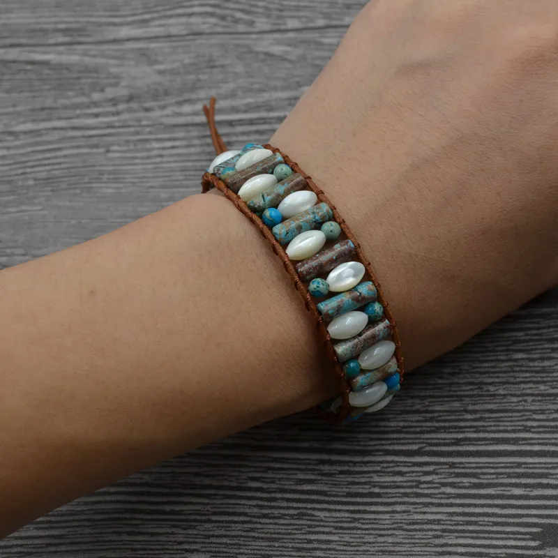 Vintage Natural stone Wrap Bracelet Women Fashion Tube Shape For Single Layer Shell Leather Beaded | Украшения и аксессуары