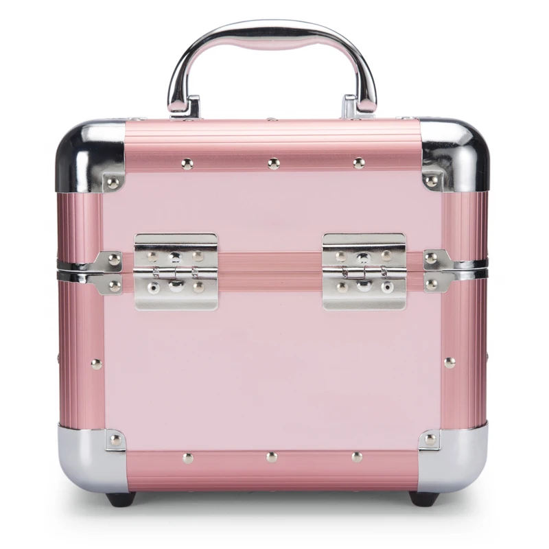 

TENSUNVIS Makeup Cosmetic Organizer Train Case 10" Professional Aluminum Storage Box Blush Pink Stripe with Lock and Handles