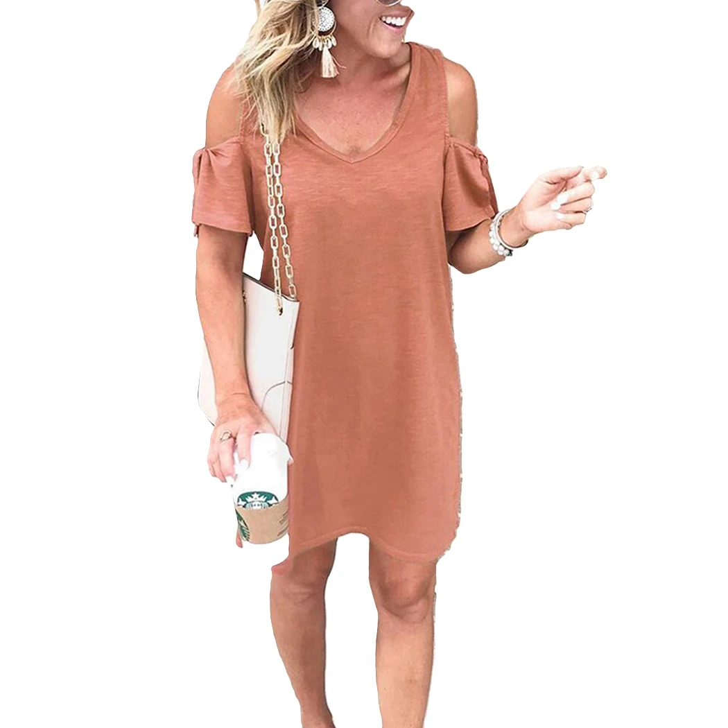 Women Casual V-Neck Hollow Out Sleeve Dress Fashion Solid Loose Dresses Ladies Summer Bow Off shoulder Plus Size Vestidos |