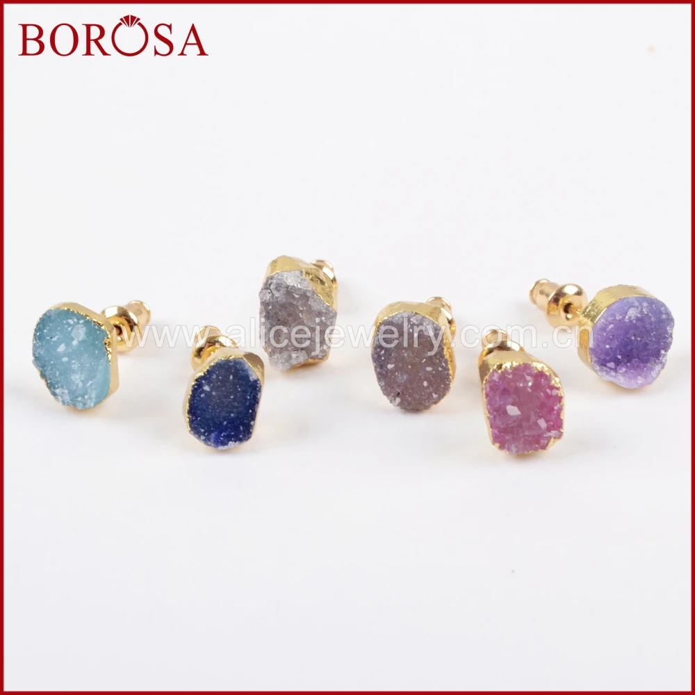 Женские стильные серьги гвоздики BOROSA радужные друзы золотистого цвета высокое