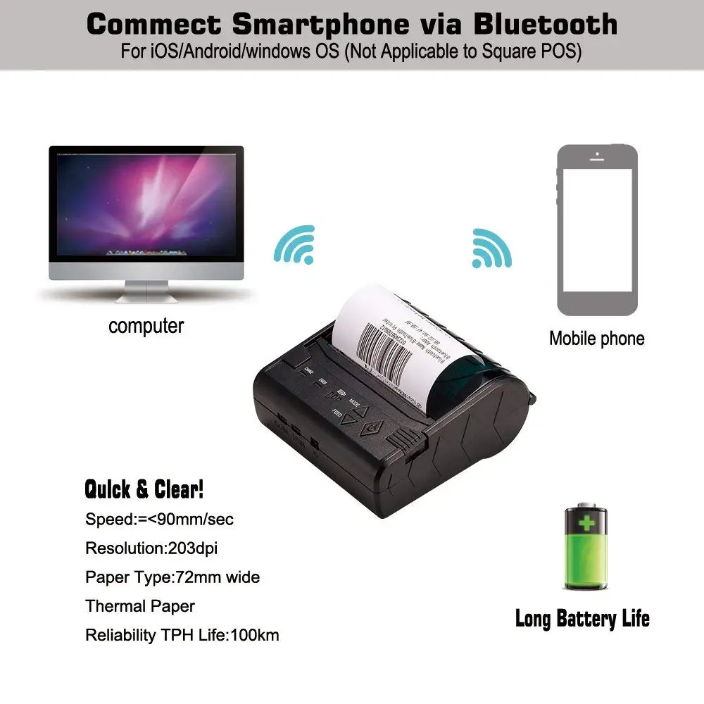 Портативный мини Термопринтер для чеков 80 мм Bluetooth POS принтер Android поддержка