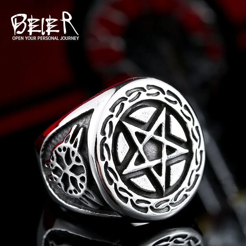 Beier New Store 316L Stainless Steel Viking Symbol Ring High Quality Pentagram Punk Biker Ring For Men Fashion Gift LLBR8-371R