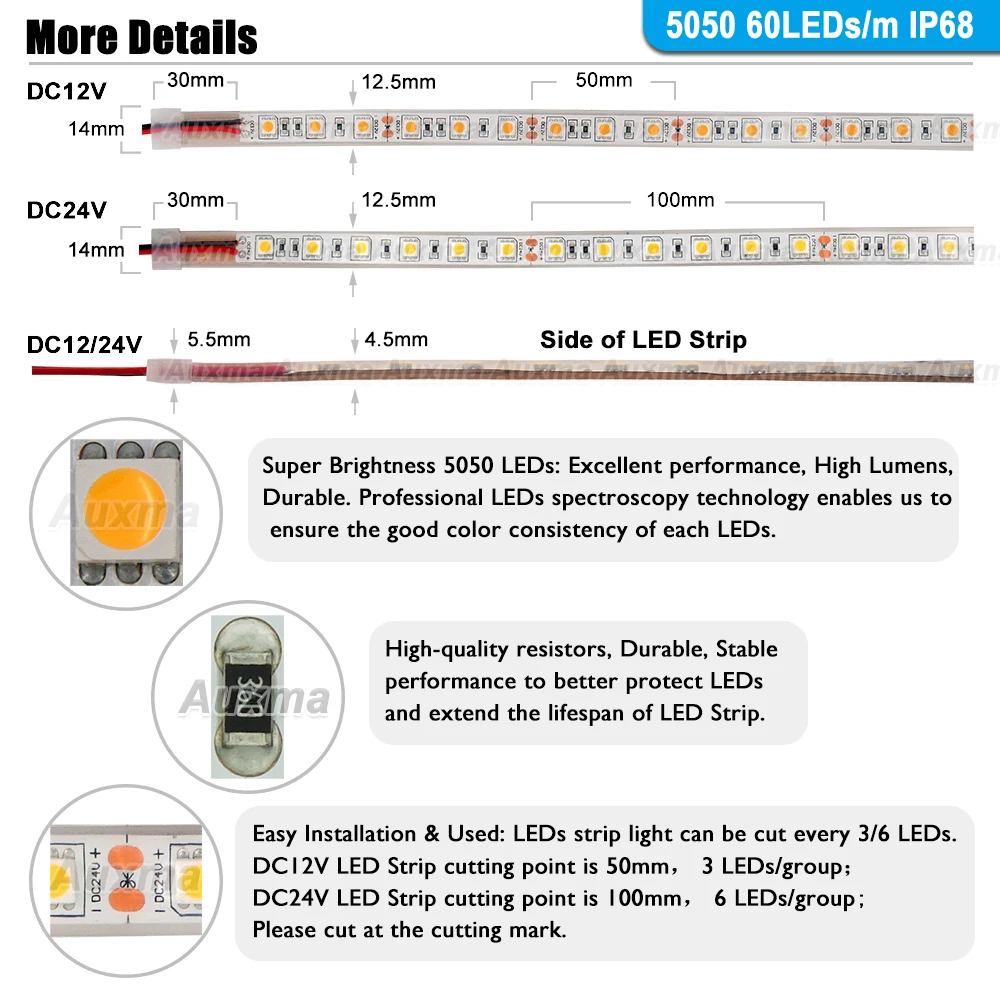 5050 60 светодиодный s/m Светодиодная лента, CRI95 CRI90 IP68, DC12V/24 V, 300 светодиодный s/катушка, 5 метров/катушка, водонепроницаемый для внутренней и наружная отделка здания