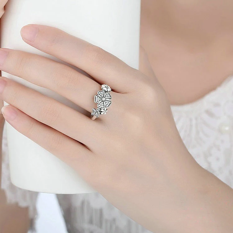 

Cuteeco Fashion Silver Color Pan Ring Pink Flower Poetic Daisy Cherry Blossom Finger Ring For Women Jewelry