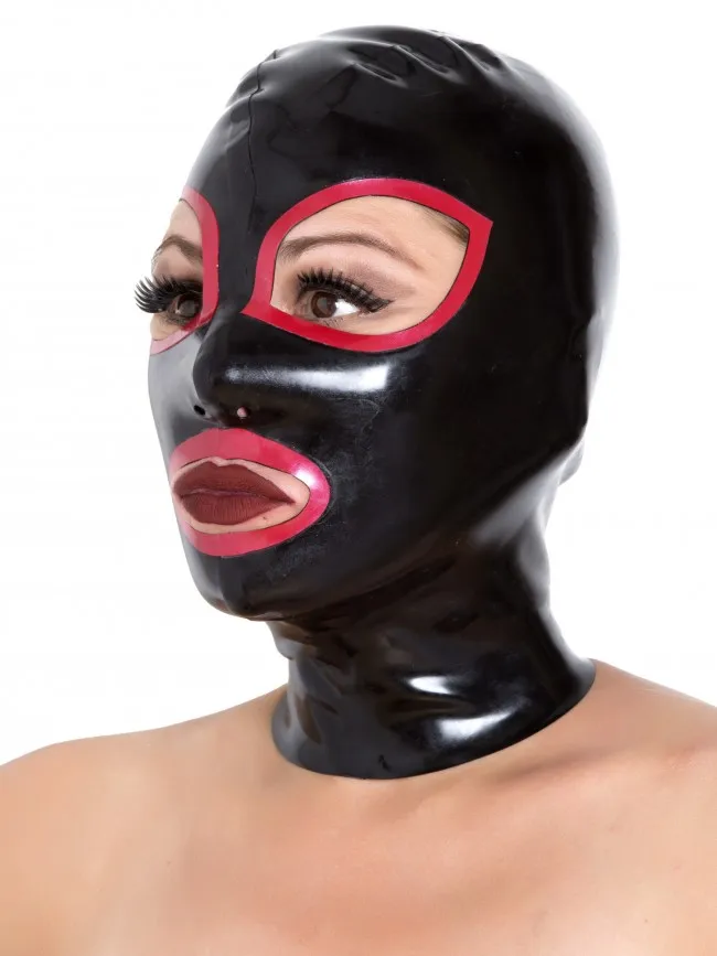 

Unisex Latex Rubber Mask Hood Black Latex Hood with Red Trim
