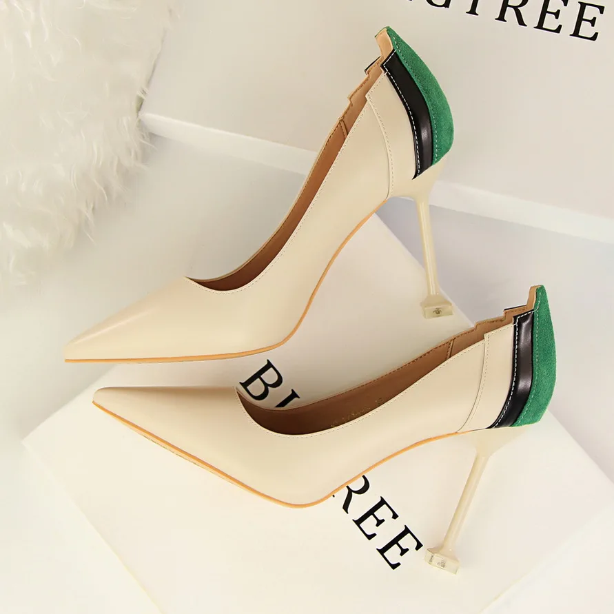 Size34-39 Woman High Quality Patchwork Pumps Pointed Toes 9.5CM Heels Shoes Female Slip-on Career Parties Dress | Обувь