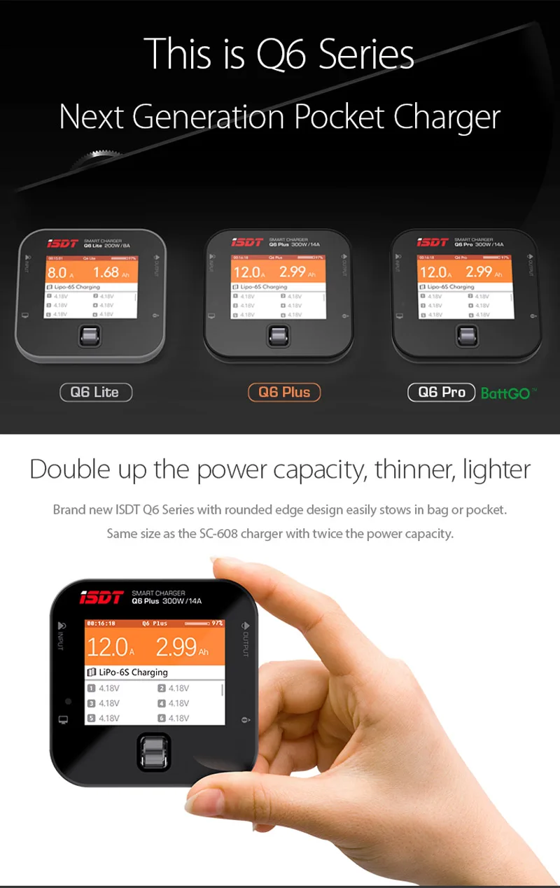 ISDT Q6 Pro BattGo 300 w/Q6 Lite 200W 12A карманное умное Цифровое зарядное устройство Lipo зарядное устройство для аккумуляторов для моделей RC 119g