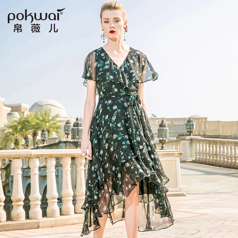Pokwai длинный Повседневное цветочное летнее шифоновое платье Для женщин 2018 новая
