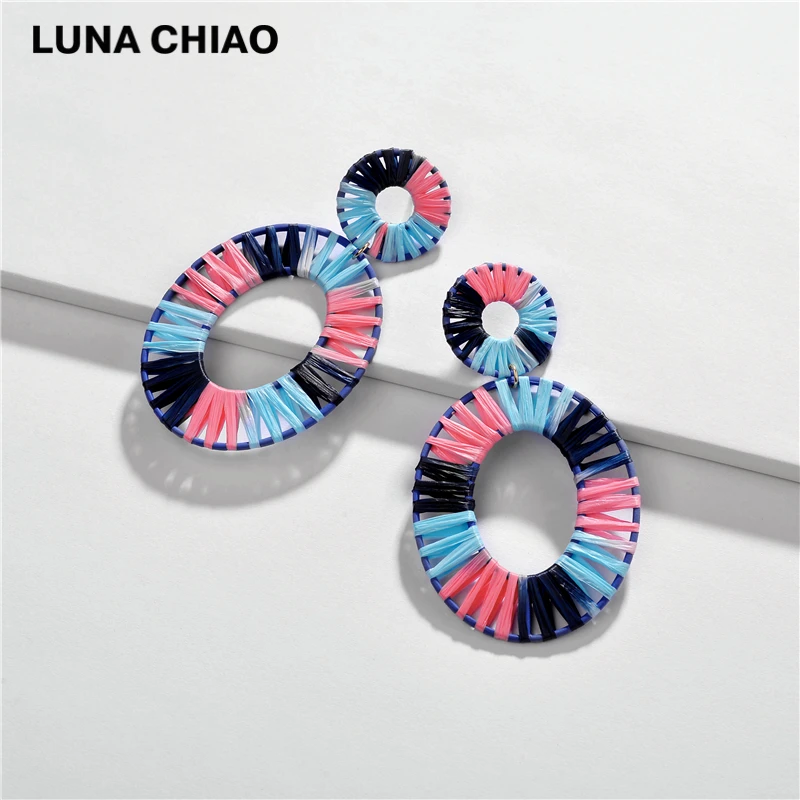 Женские Разноцветные серьги LUNA CHIAO большие овальные из соломы с радужной