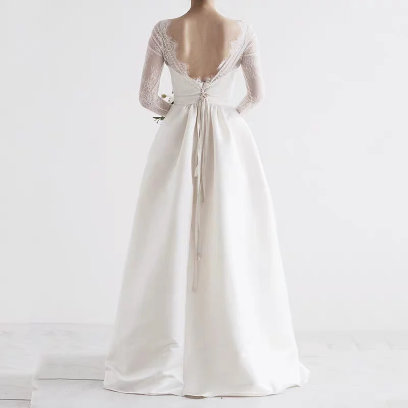 Vestido De Noiva сексуальное кружевное свадебное платье с длинными рукавами и открытой спиной простые трапециевидные длиной до пола мусульманские свадебные платья