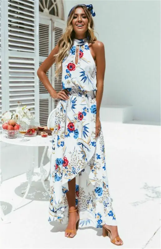 2019 Летнее Длинное платье с цветочным принтом Boho пляжное туника Макси женское