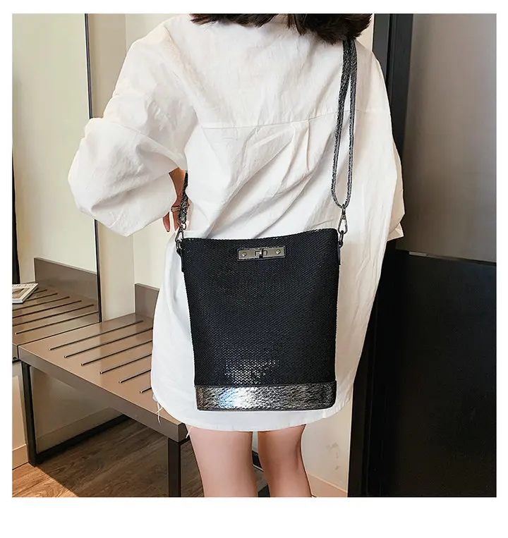 Fashion Luxurious female Korean Sequin Bling Black Bag shoulder Bucket bag Designer Ladies Crossbody Messenger Bags B42-29