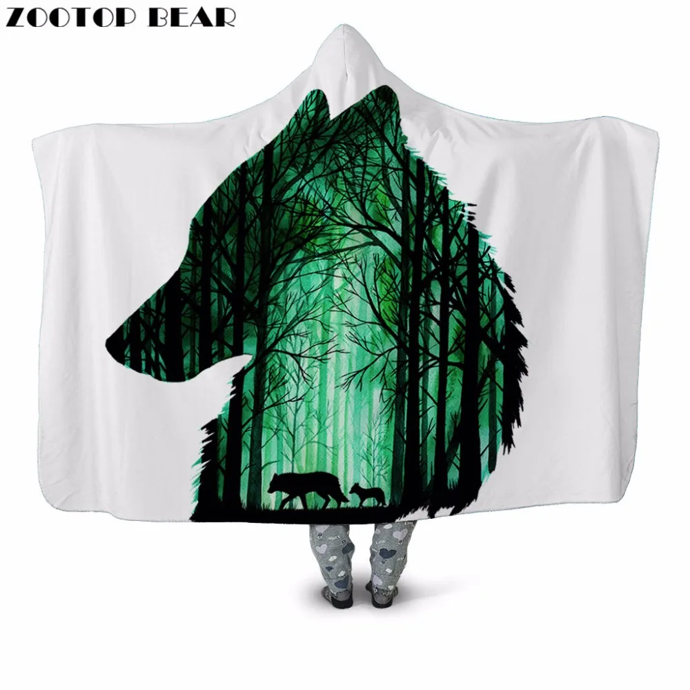 Плюшевое одеяло с капюшоном и 3D принтом Лесной Волк для взрослых молодежи детей