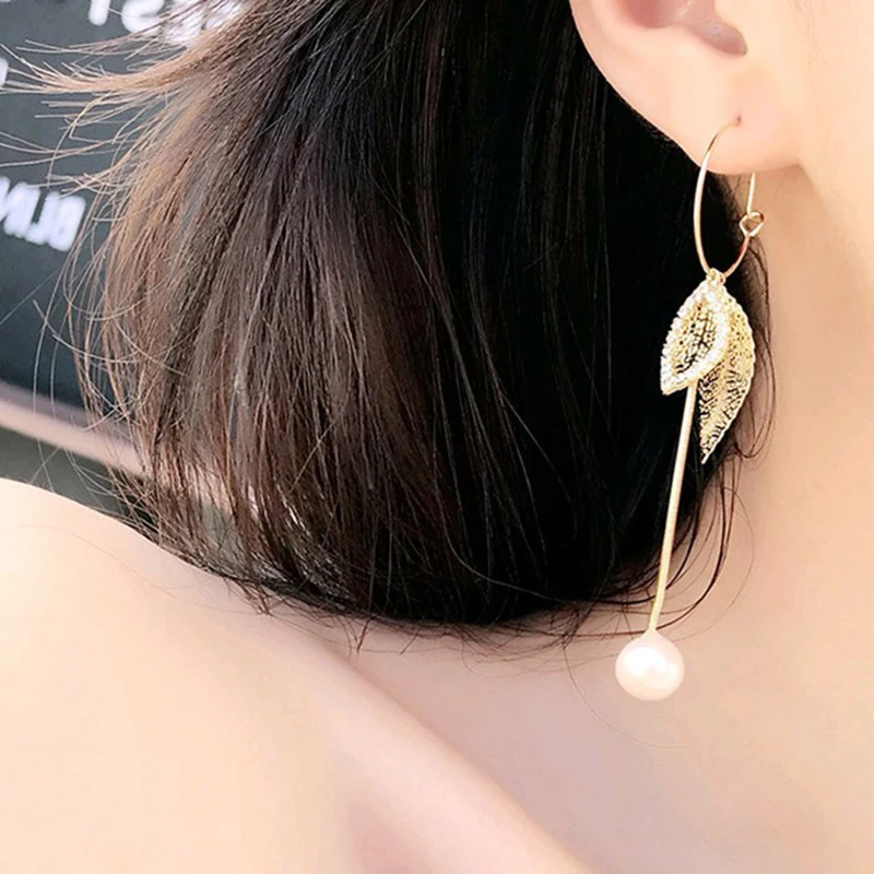 2019 женские серьги темперамент жемчужный лист длинные с кисточками Женские