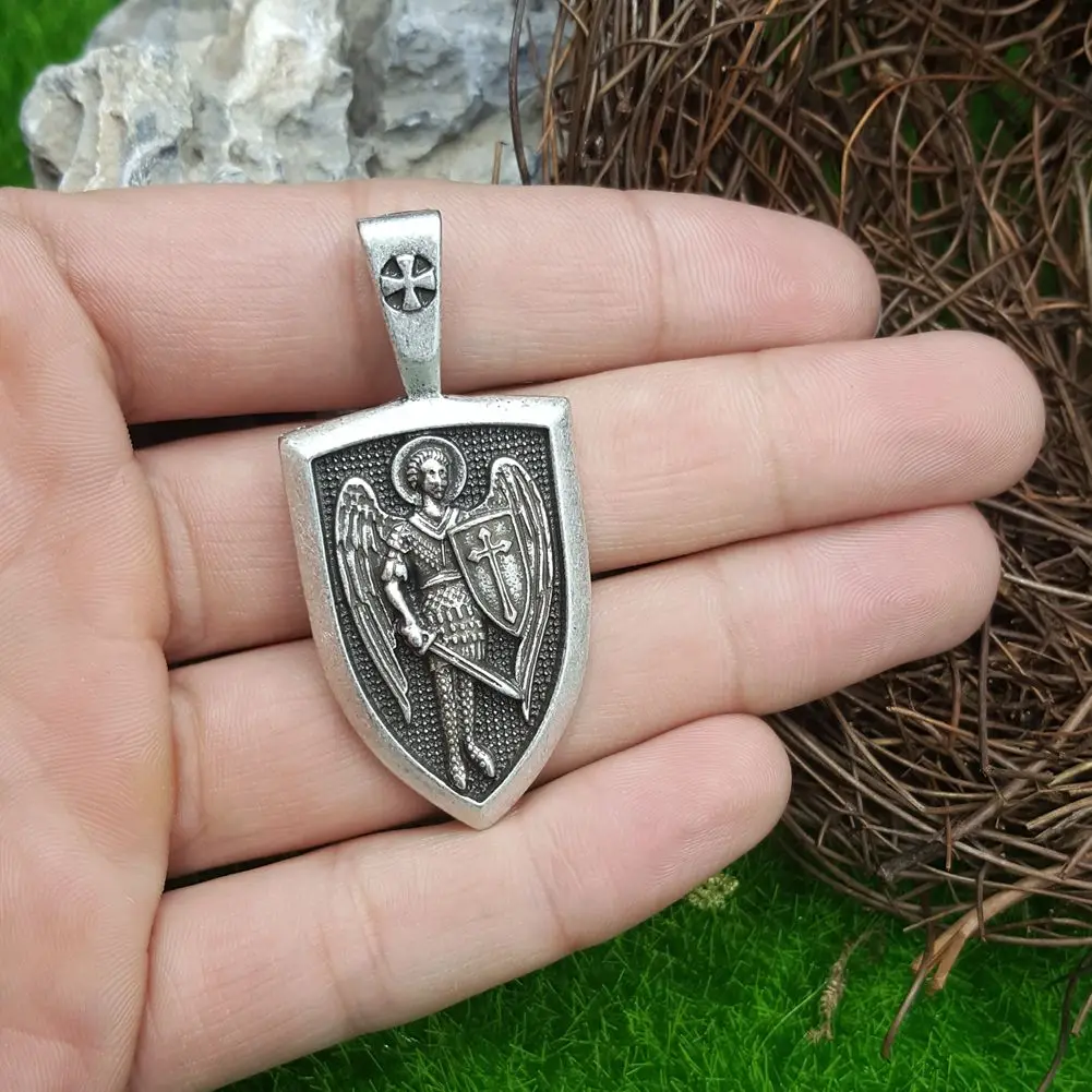 Men archangel medal pendant Archangel St.Michael Protect Me Saint Shield Protection Charm Russian Orhodox Pendant Necklace | Украшения и