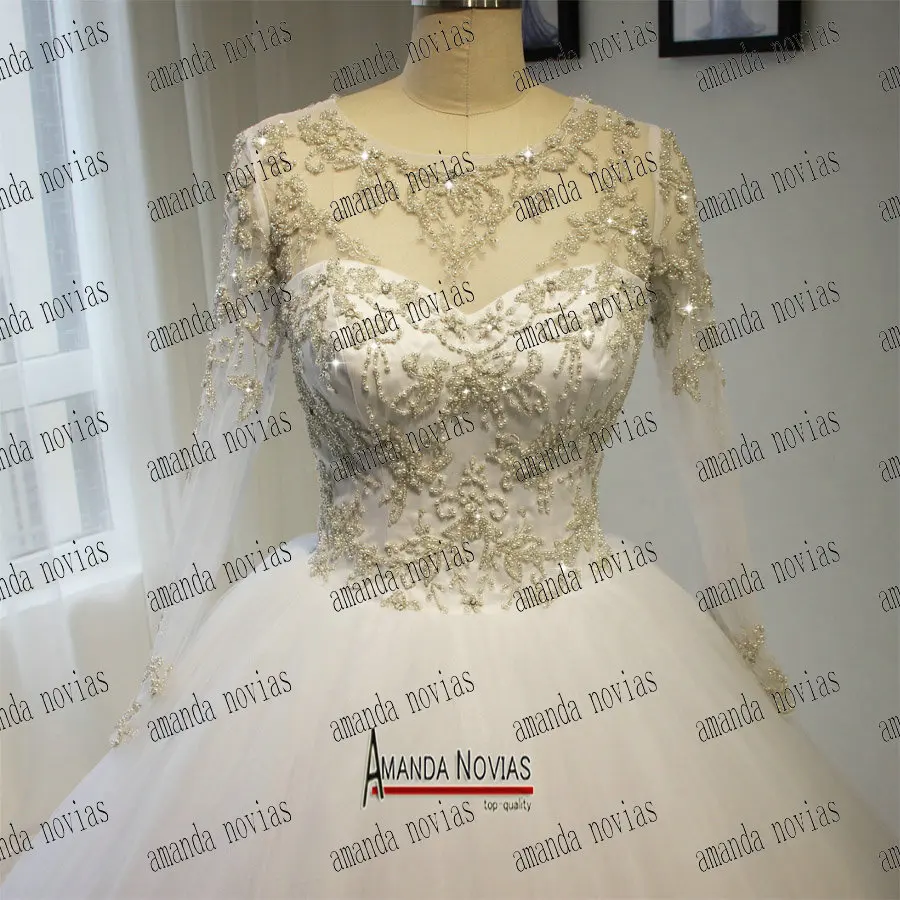 Novias реальные фотографии Роскошная вышивка Полный Бисероплетение бальное платье с рукавами свадебное платье
