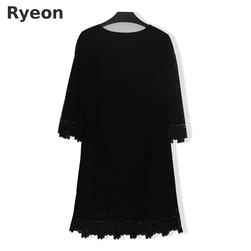 Ryeon Vintage Black Lace Dress A Line Solid Three Четверти Ни колен Регулярное Natural O образным Вырезом