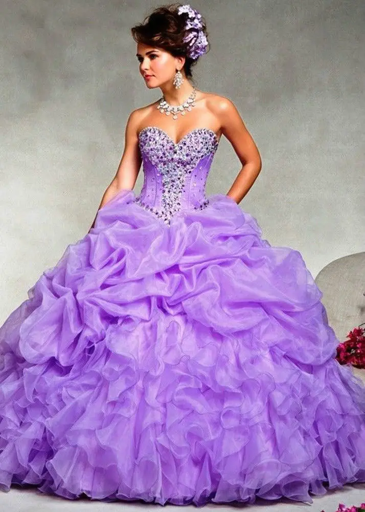 unusual purple/pink beaded sheer organza quinceanera dresses cinderella ball gown pageant party custom size | Свадьбы и торжества