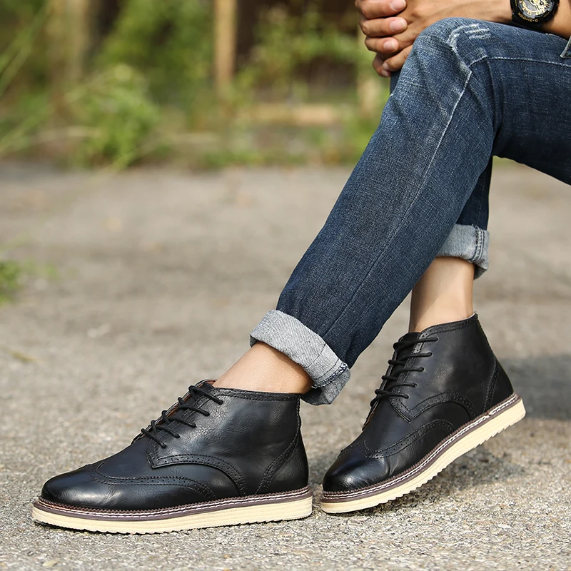 Autumn New Fashion High Top Men Oxfords British Vintage Carve Lace Up Mens Flats Thick Heel Comfortable Male Bullock Shoes | Обувь