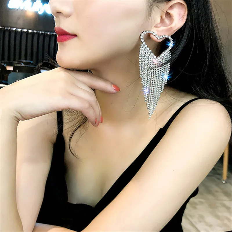 Женские длинные серьги стразы FYUAN с кристаллами в форме сердца вечерние