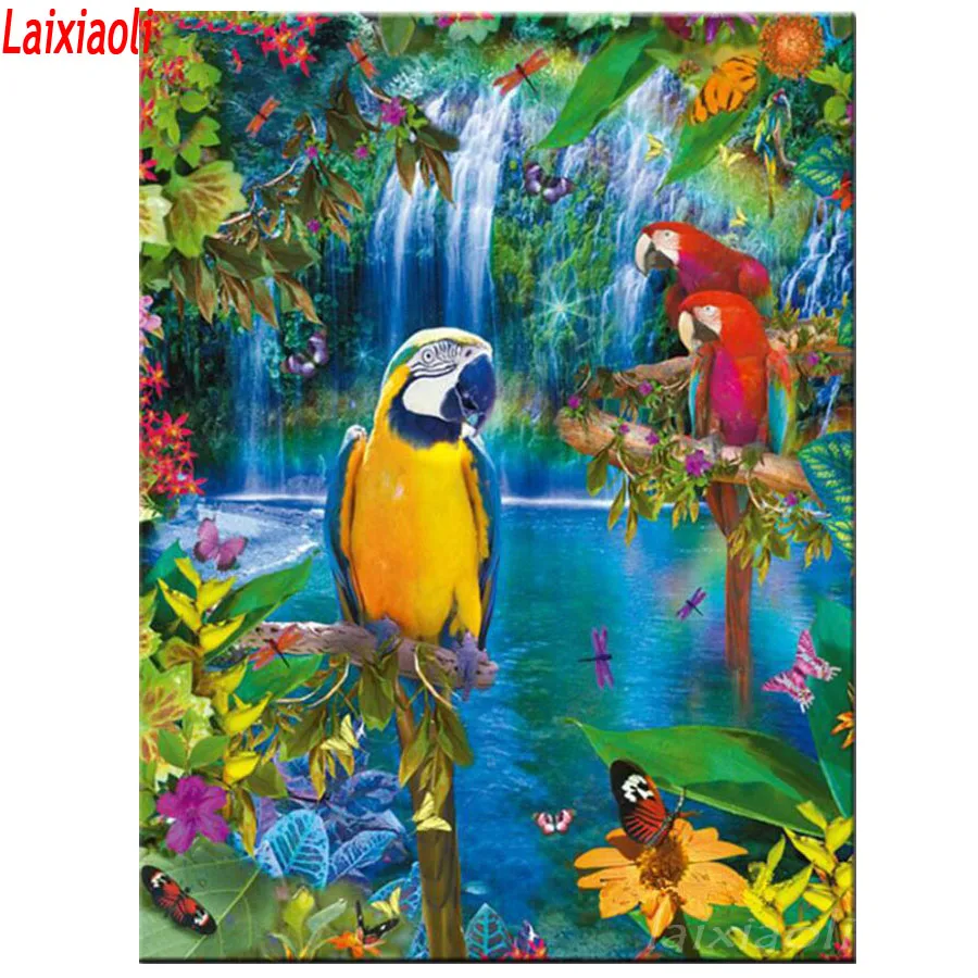 

Parrots Birds Diamond Embroidery Waterfall Diamond Mosaic Rhinestone Diy Diamond Painting Cross Stitch kit scenery 5d home decor