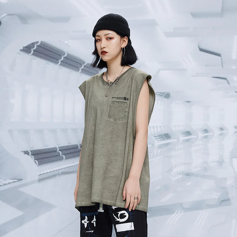 2019 Fashion Brand Street Retro Simple pocket shoulder sleeveless vest Men's summer hip-hop Loose Bottom Shirt Stage Costumes | Мужская