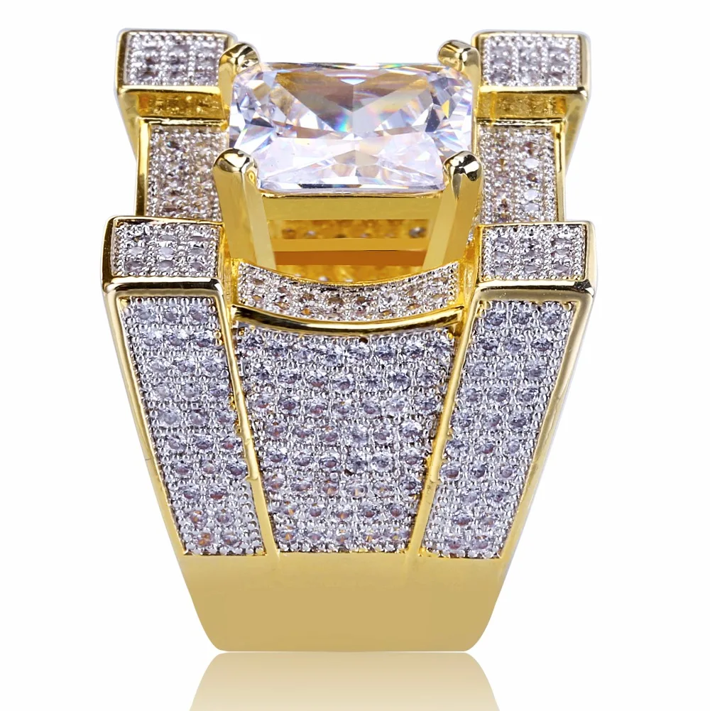AAA кубического циркония льда из Bling Золотой большой широкий хип хоп кольца золото цвет геометрический для мужчин хип хоп рэппер CZ кольцо ювелирные изделия