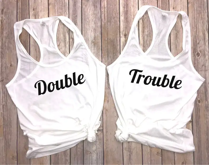 

Skuggnas New Arrival Double Trouble Bestie Tank Tops Best Friends Matching Shirts Sisters Matching Shirts Bff Tops Drop Shipping