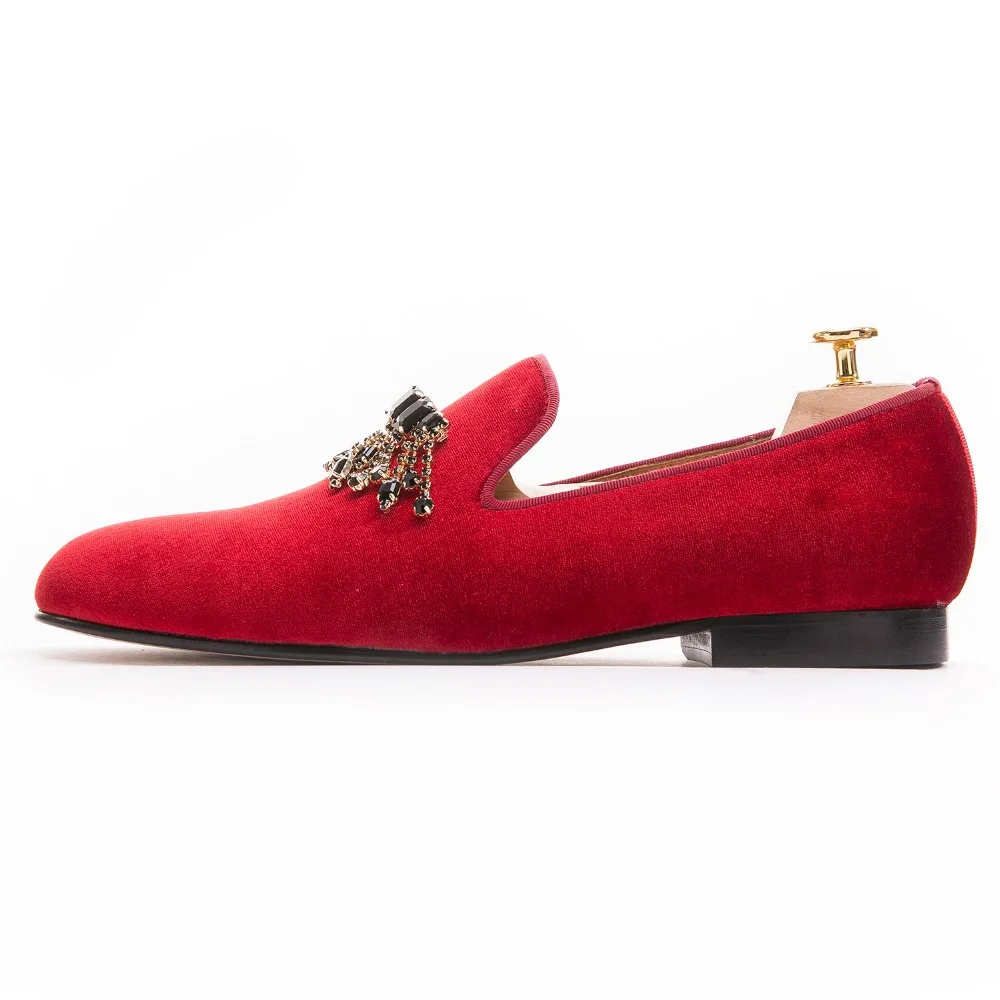 new high grade red velvet handmade men shoes with black rhinestone Chains classic banquet loafers male dress | Обувь