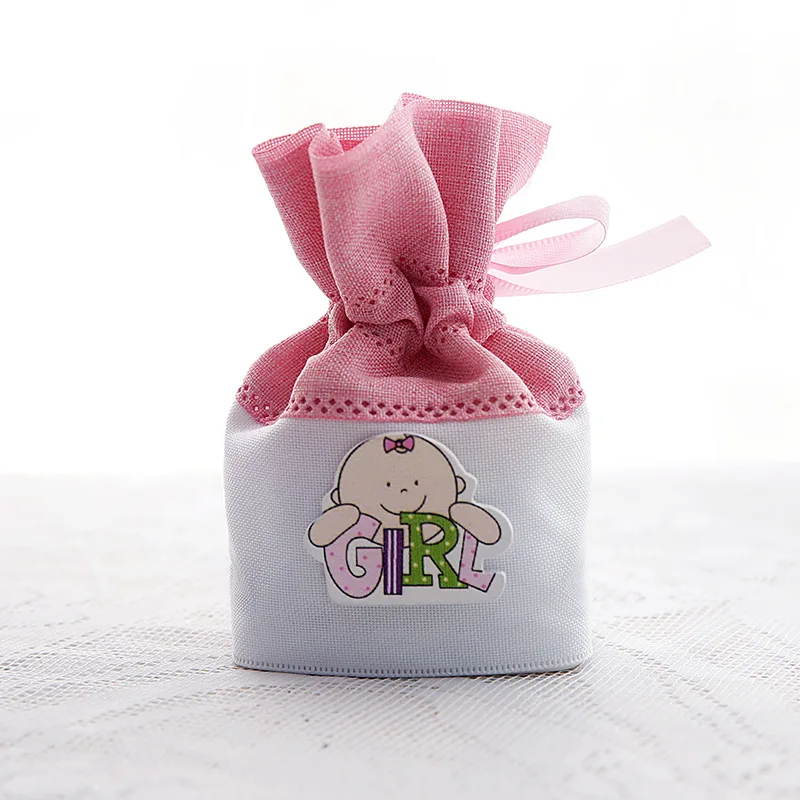 100 шт./лот 6*4*10 см милый для маленьких мальчиков девушка drawstring мешок конфет Сумки подарочная упаковка bag Baby Shower вечере держатель za4421