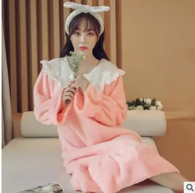 pink 2 Jinsen Aite новая осенне-зимняя Дамская Ночная Рубашка Фланелевая Домашняя одежда женская плотная теплая кружевная длинная Пижама принцессы JS698 - Цвет: pink 2