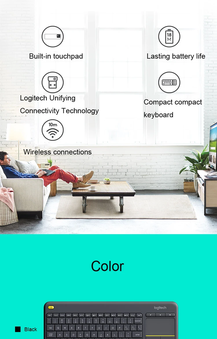 Беспроводная клавиатура logitech K400 Plus K400PLUS с сенсорной панелью для ПК ТВ