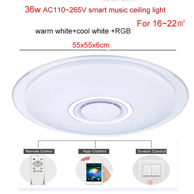 55cm 36w with ring Rgb bluetooth светодиодные музыка потолочные светильники APP дистанционного Управление акрил светодиодная лампа с регулировкой освещения 110 220 V 24 W Lamparas де Techo крепление для светодиодов - Цвет корпуса: 55cm 36w with ring