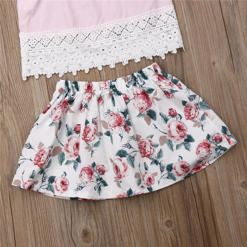 

2019 Summer Toddler Kids Baby Girl Sleeveless Halter Floral Lace Tops Skirts Outfits Set Clothes